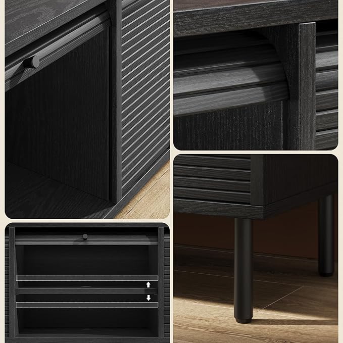 59 Inch TV Stand with Power Outlet for TVs up to 65 Inch, Entertainment Center with Storage, Mid-Century Modern TV Console, Adjustable Shelf & Sliding Doors, TV Stand for Living Room, Bedroom, Black-Ruum Studio Home