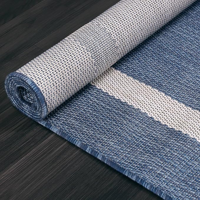 Bordered Outdoor Rug 9x12 Washable Outside Carpet for Indoor Patio Porch Waterproof Easy Cleaning Non Shedding Area Rugs Blue 9 x 12-Ruum Studio Home