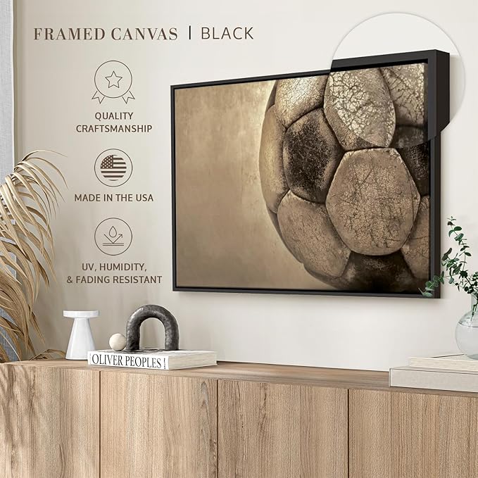 Elephant Stock Worn Soccer Ball Wall Art - Horizontal Framed Canvas - 1-Piece Living Room Wall Decor - Photography sports Canvas Print - Brown and Gray Decor for Wall - 37" X 25"-Ruum Studio Home