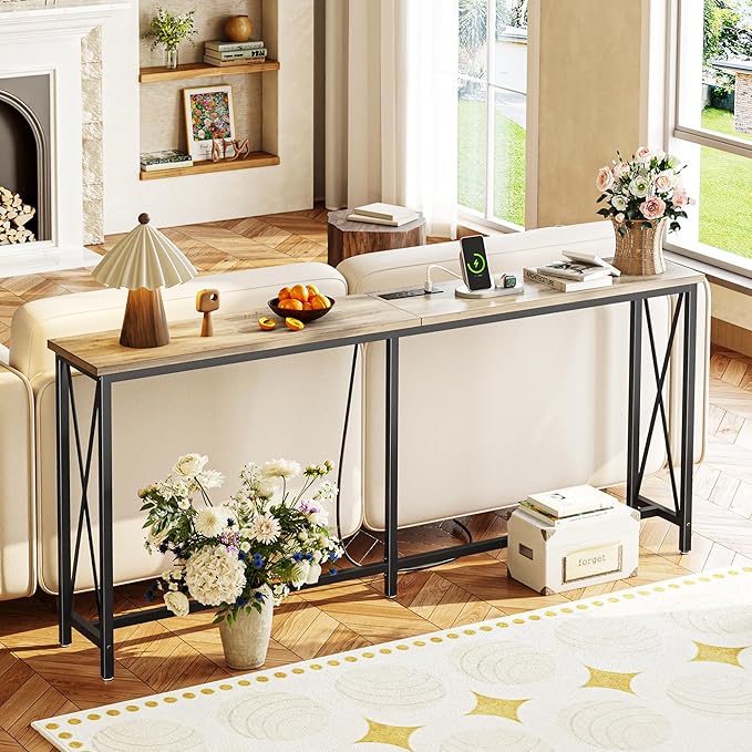 SUPERJARE 70 Inch Console Table with Outlets and USB-C Port, Extra Long Behind Couch Sofa Table with X-Shaped Design, Narrow for Entryway, Living Room, Metal Frame, Wooden Top, Grey Oak-Ruum Studio Home