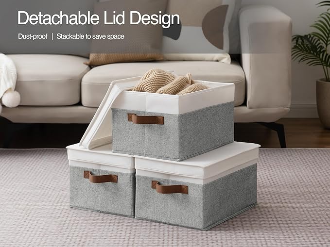 StorageWorks Large Storage Bins with Lids, Decorative Storage Boxes with Lid and PU Handles, Foldable Storage Baskets for Closet, Shelves, Stackable, Gray and White, 3-Pack-Ruum Studio Home