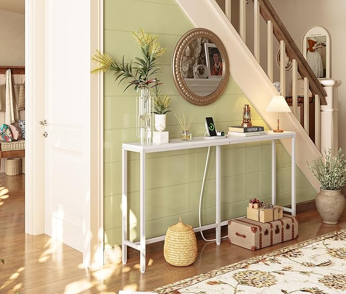 SUPERJARE Console Table with Outlet, 63 Inch Sofa Table with Charging Station, Narrow Entryway Table, Skinny Hallway Table, Behind Couch Table, for Living Room, Plants, White-Ruum Studio Home