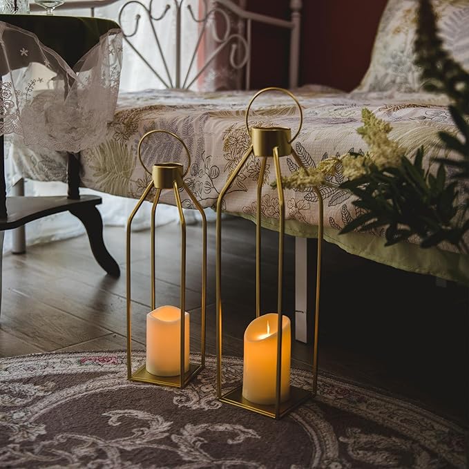 HPC Decor Modern Farmhouse Lantern - 22'' 19'' Large Tall Gold Metal Candle Lanterns with Timer Flickering Candles for Living Room, Outdoor, Fireplace Mantle Decor-Ruum Studio Home