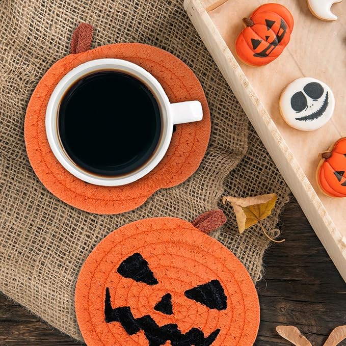 Whaline 4Pcs Halloween Pumpkin Handmade Braided Cotton Coasters Orange Black Pumpkin Shape Drink Coasters Absorbent Cup Coasters for Home Office Party Decor, 4.7 Inch-Ruum Studio Home