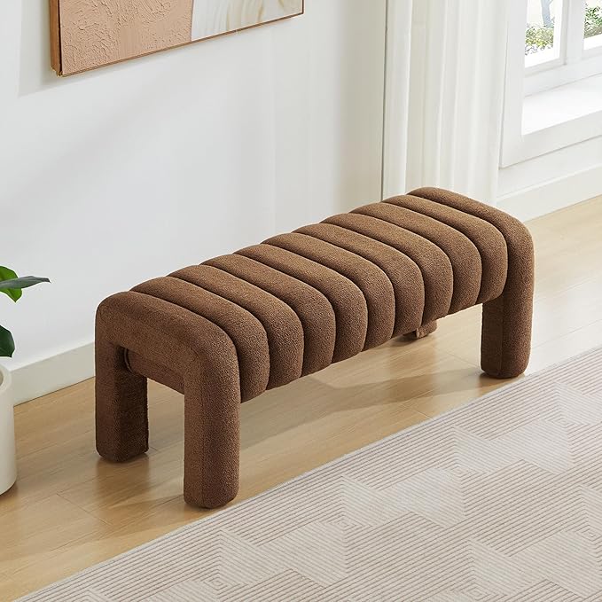 43.3" Bedroom Bench, Upholstered Entryway Bench, Modern End of Bed Ottoman with Solid Wood Legs and Adjustable Foot Pegs for Entryway, Dining Room and Living Room (Brown Boucle)-Ruum Studio Home
