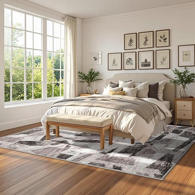Modern Abstract 5X7 Area Rug for Living Room Bedroom Washable, with Non-Slip Rubber Backing Print Faux Wool Thin, Grey Throw Large Carpet for Kids Playroom Dining Room Pet & Child Friendly-Ruum Studio Home
