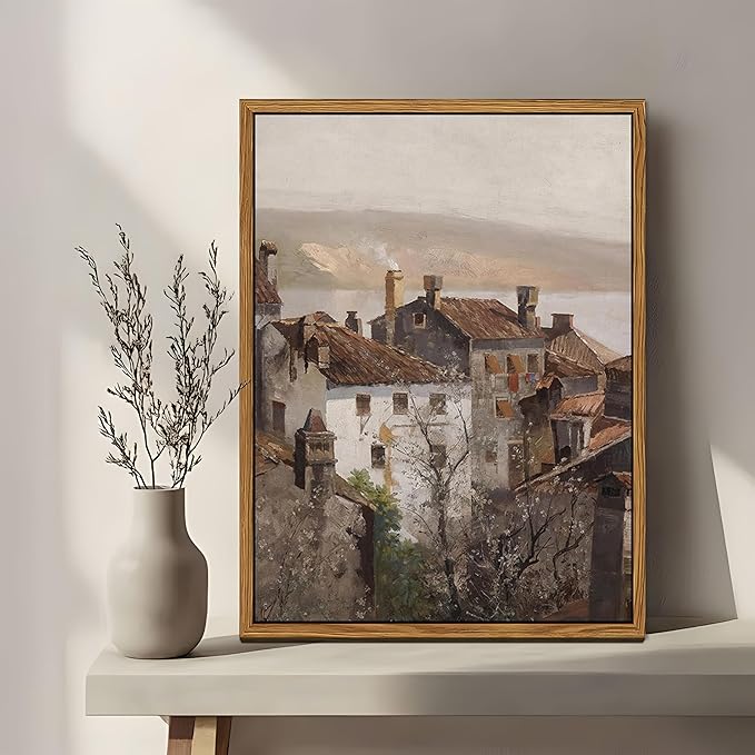 Floating Framed Vintage Canvas Wall Art, European Country Towns Wall Decor Oil Paintings Artwork, Rustic Farmhouse Posters Prints Pictures for Living Room Hallway Bedroom 16x24 inch-Ruum Studio Home