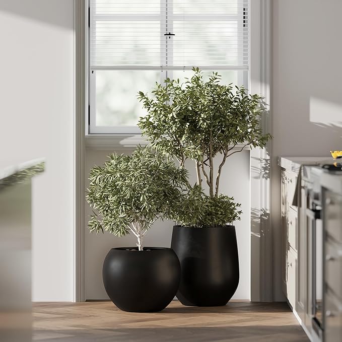DTY Signature Mount Sherman Lightweight Durable Modern Fiberstone Sphere Planter for Indoor & Outdoor Drainage Hole & Rubber Plug Weather Resistant, 17" H x 21" Dia 14.4" Pot Opening - Large, Black-Ruum Studio Home