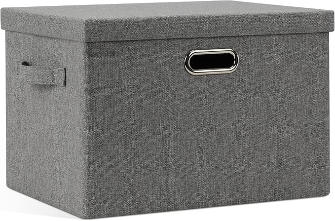 Large 17" 36 Quart Collapsible Stackable Storage Bins with Lids, 1 Pack Grey Foldable Fabric Closet Storage Boxes with Lids, 4 Handles Heavy-duty Linen Cube Baskets for Bedroom-Ruum Studio Home