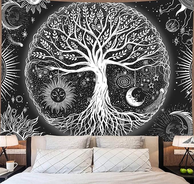 FORATER Tree of Life Tapestry Wall Hanging, Sun and Moon Aesthetic Wall Tapestry Black and White Tapestries Home Decor for Living Room Bedroom(53 x 61 Inch, Black and White)-Ruum Studio Home