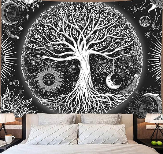 FORATER Tree of Life Tapestry Wall Hanging, Sun and Moon Aesthetic Wall Tapestry Black and White Tapestries Home Decor for Living Room Bedroom(53 x 61 Inch, Black and White)-Ruum Studio Home