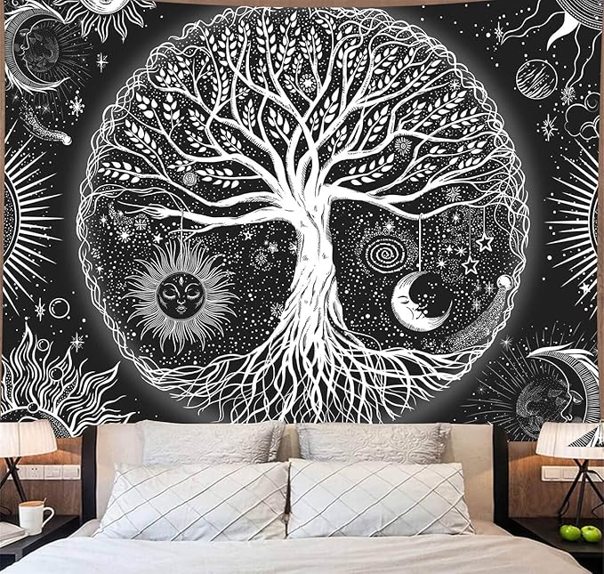FORATER Tree of Life Tapestry Wall Hanging, Sun and Moon Aesthetic Wall Tapestry Black and White Tapestries Home Decor for Living Room Bedroom(61 x 82 Inch, Black and White)-Ruum Studio Home