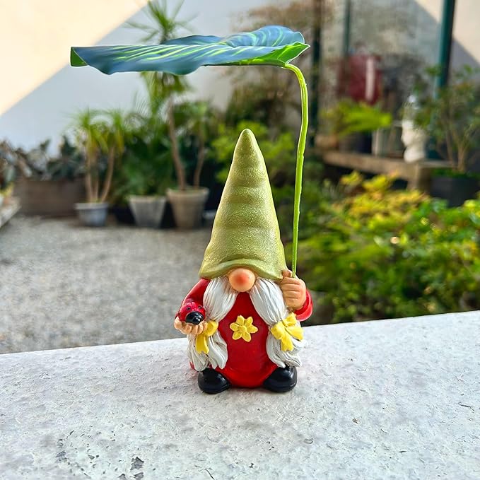 Garden Female Gnome Statue Decoration with Leaf Umbrella, 6.5” Figurine Ornament for Indoor Outdoor Home Patio Yard Lawn, for Gnome Lovers & Garden Enthusiasts，Mom，Women-Ruum Studio Home