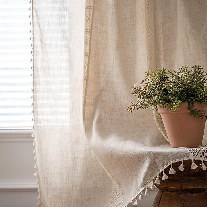 Sutuo Home Boho Curtain Semi-Blackout Crochet Hollow Lace Patchwork with Textured Linen Fabric, Handmade Tassels Rod Pocket Bohemian Window Drapes for Living Bedroom, 59" W x 96" L, 1 Panel-Ruum Studio Home