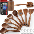 PriorityChef Premium Wooden Spoons for Cooking - 8pc with Utensil Holder, Spoon Rest and Hanging Hooks, Smooth Finish Teak Wooden Utensil Set, Heat-Resistant & Nonstick Safe, Ideal for Gifting-Ruum Studio Home