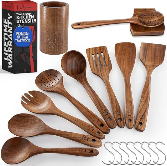 PriorityChef Premium Wooden Spoons for Cooking - 8pc with Utensil Holder, Spoon Rest and Hanging Hooks, Smooth Finish Teak Wooden Utensil Set, Heat-Resistant & Nonstick Safe, Ideal for Gifting-Ruum Studio Home