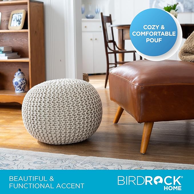 BIRDROCK HOME Round Pouf Ottoman | Cotton Braided Foot Stool with Bean Bag Filling | Boho Foot Rest for Living Room & Bedroom | Compact & Comfortable Seating, Lightweight & Soft | Ivory-Ruum Studio Home