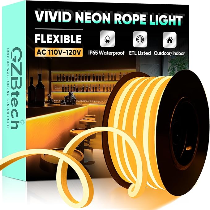 GZBtech Flexible LED Neon Rope Lights 16.4FT,AC 110-120V Waterproof Strip Light, 120LEDs/M Cuttable Connectable Neon Lighting for Indoor Outdoor Home Decor/Commercial Building Use-Amber 5M-Ruum Studio Home