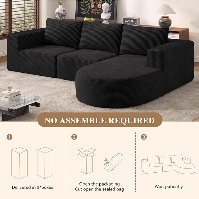 Modular Sectional Sofa with L-Shape Chaise,Cloud Sectional Modern Sleeper Couch with Deep Seat,Sponge Compression Sofas No Assembly Required(Black-Corduroy Fabric) 1PCS-Ruum Studio Home