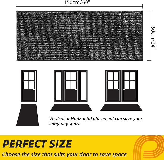 JSEI Dirt Trapper Door Mat 24"x60" Non-Slip Washable Entrance Mat, Dog Doormats, Absorbent & Fade-Resistant Floor Mats, Low Profile Welcome Mats for Entryway, Front Door, and Inside Entrance, Black-Ruum Studio Home