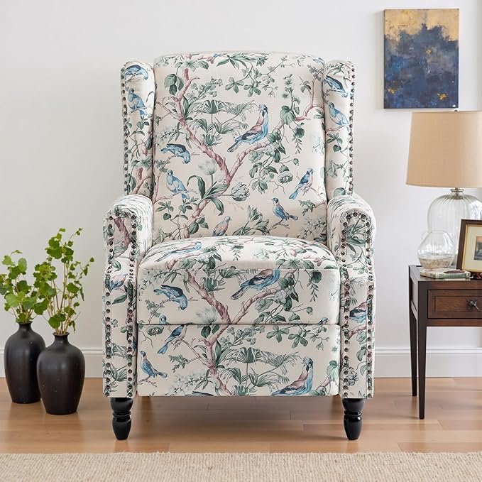UIXE Floral Pushback Recliner Chair, Fabric Upholstered Armchair Push Back Accent Chair for Living Room, Rivet Trim Club Chair Home Theater Single Sofa Reading Seat - Bird-Ruum Studio Home