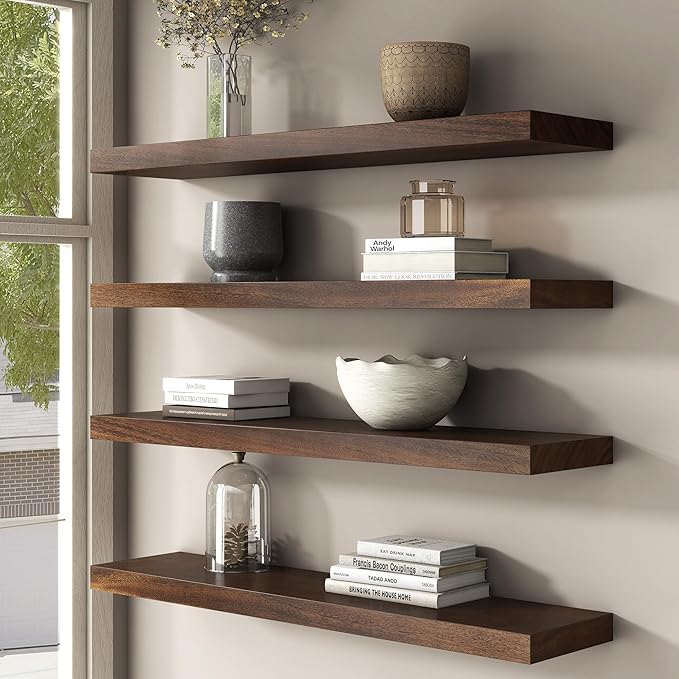 Floating Shelves for Wall, USA-Sourced Walnut Wood 36 Inch Long Wall Shelves Set of 2, Natural Wooden Wall Mounted Picture Ledge Shelf, Nursery Book Storage Shelf Kids Bookshelf, Display Shelf-Ruum Studio Home