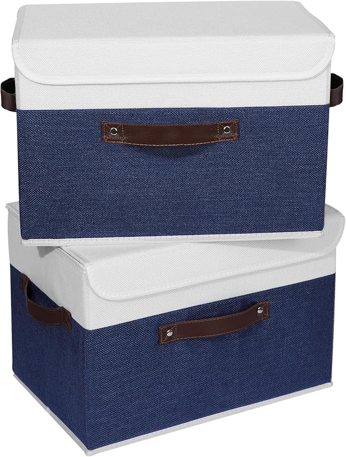 ANMINY 2PCS Storage Boxes with Lid Washable Decorative Storage Bin Basket with PU Leather Handle Foldable Linen Fabric Storage Cube Container for Home Closet Organizer - Deep Blue White, Large Size-Ruum Studio Home