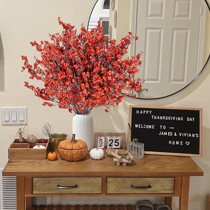 Sggvecsy 15 Pcs Babys Breath Artificial Flowers Gypsophila Bouquets Bulk Real Touch Fake Silk Flowers for Home DIY Floral Arrangement Table Centerpiece Fall Thanksgiving Autumn Decoration (Orange Red)-Ruum Studio Home