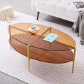 Oval Glass Coffee Table, Mid-Century Modern Design, L43 x W22 x H17 inch, 2-Tier Structure, Olive Shaped Amber Glass Top and Walnut Finish Wood Shelf, Tapered Legs with Gold Finish Frame-Ruum Studio Home
