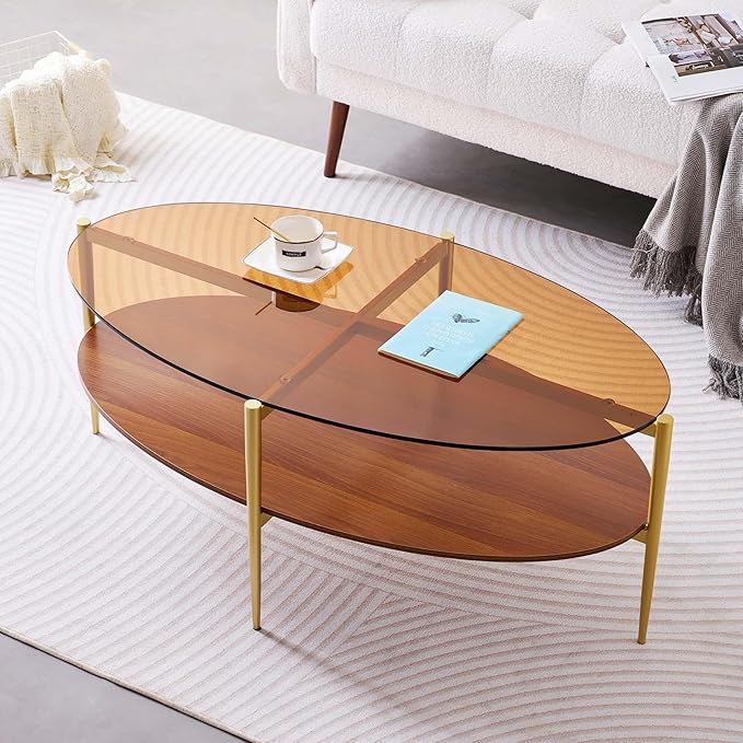 Oval Glass Coffee Table, Mid-Century Modern Design, L43 x W22 x H17 inch, 2-Tier Structure, Olive Shaped Amber Glass Top and Walnut Finish Wood Shelf, Tapered Legs with Gold Finish Frame-Ruum Studio Home
