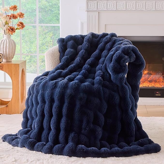 BENVWE Fluffy Faux Fur Throw Blanket for Couch, Soft Plush Thick Cozy Fuzzy Luxury Minky Bubble Blanket for Home Living Room Decor Gift for Women, Navy Blue, 51" x 63", 1100GSM-Ruum Studio Home