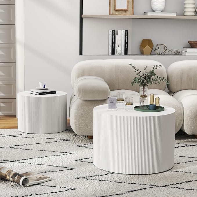 Round Coffee Table Set of 2, Modern Wooden White Nesting Coffee Tables for Living Room, No Assembly Required Circle Side Tables Set Accent End Table for Bedroom, Balcony-Ruum Studio Home