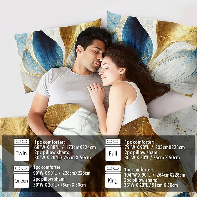 Vintage Floral Comforter Set King Size Women,Marble Flower Bedding Set King,Marble Blue Flower Bed Comforter,Blue and Gold Floral Quilt Bedroom Decor for Kids and Adults-Ruum Studio Home