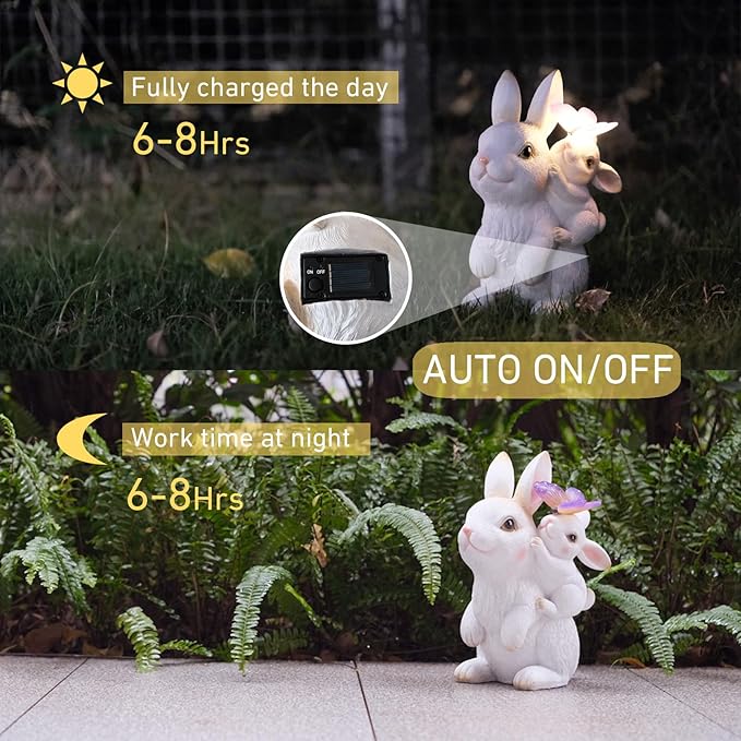 Solar Garden Statues Rabbit with Solar Lights,Mother&Baby Bunny Figurine with Butterfly Changing Lights for Yard Art Garden&Patio Decor,Unique Easter&Birthday Gifts for Women Mom Grandma-Ruum Studio Home