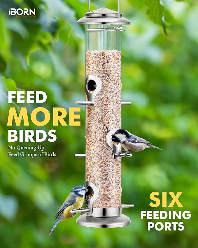 iBorn Metal Bird Feeders 6 Ports Hanging Wild Bird Seed Feeder for Mix Seed Blends, Niger Seed Feeder, Sunflower Heart, Birdbath, Heavy Duty All Metal Nickle Finishing 14 Inch 6Port-Ruum Studio Home