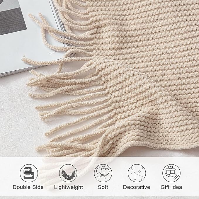 lifein Throw Blanket for Couch, Soft Boho Decor Bed Throw,Cozy White Chenille Knitted Small Farmhouse Lightweight Throw for Spring(White/Cream,60 * 80")-Ruum Studio Home