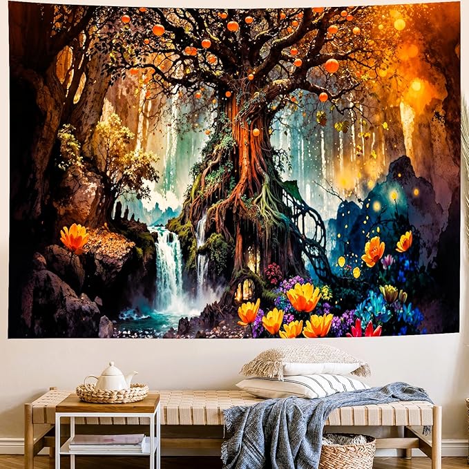 Delur Magical Forest Tapestry Fantasy Tree of Life Fairy Tale Enchanted Mystical Forest Tapestry Psychedelic Nature Landscape Wall Hanging Headboard for Bedroom Living Room Home Decor (59.1" x 78.7")-Ruum Studio Home