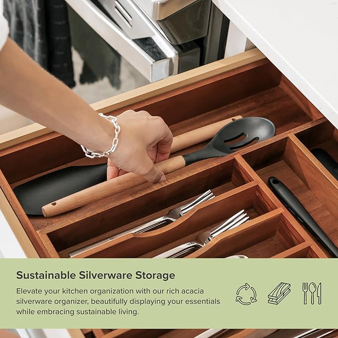 Premium Silverware, Flatware and Utensil Organizer for Kitchen Drawers, Food-Safe Contract Grade, Expandable from 10.5 to 19 In, Natural Acacia-Ruum Studio Home