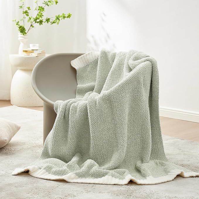 Snuggle Sac Heather Sage Green Blanket for Couch, Reversible Super Soft Knitted Blankets Warm Cozy Fuzzy Plush Throw Blankets for Sofa, Bed, Camping, Sage Green, 60x80 inches-Ruum Studio Home