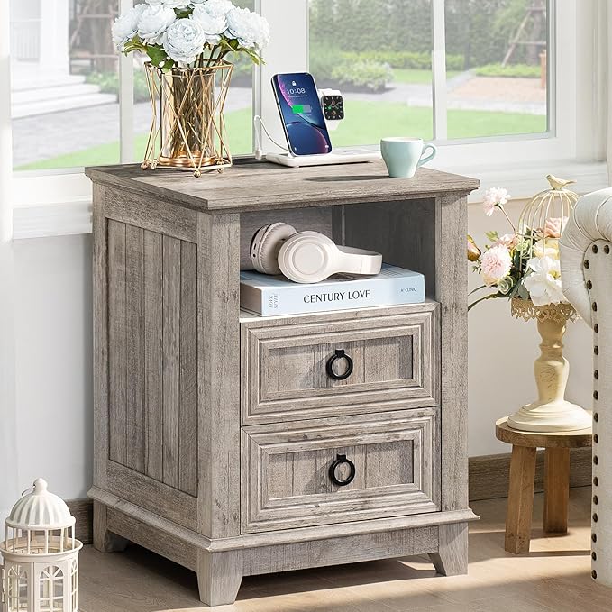 18" Farmhouse Night Stands Set of 2 with Charging Station, 2 Drawers End Table Dresser for Bedroom, Oak Wooden Nightstand, Bed Side Table with Open Shelf, Bedside Cabinet for Living Room-Ruum Studio Home