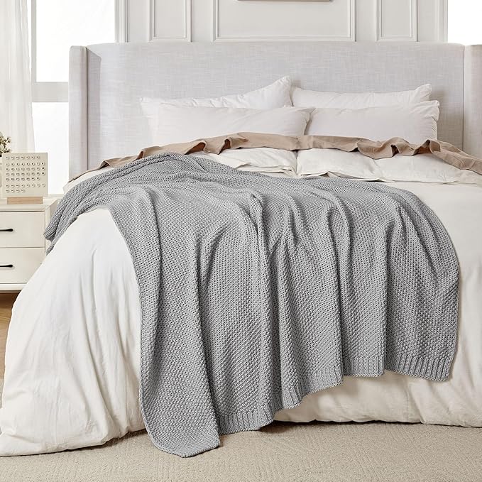 Joydeco Chunky Cable Knit Throw Blanket, Lightweight 100% Cotton Soft Cozy Throw Twin Blanket for Couch Bed and Sofa, Rustic Breathable Farmhouse Blanket Gift for Women Men(Grey, 60"x80")-Ruum Studio Home