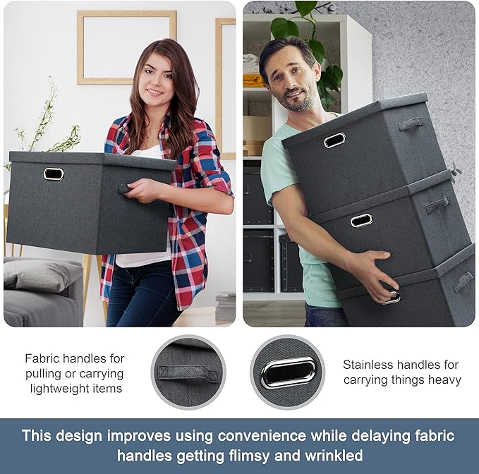 Medium 15" 21 Quart Collapsible Stackable Storage Bins with Lids, 3 Packs Dark Grey Foldable Fabric Closet Boxes Heavy-duty Linen Cube Baskets Container for Bedroom Office (15 x 11 x 8)-Ruum Studio Home