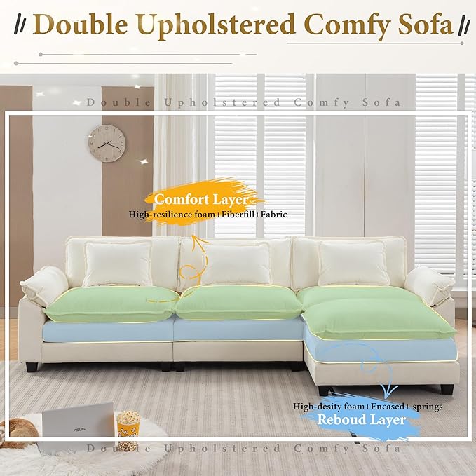 URRED Modular Sectional Sofa Comfy Cloud Couch, Modern Chenille Sofa Sleeper Deep Seat Couches with Ottoman/Pillows for Living Room (White, 117''- L Shape)-Ruum Studio Home