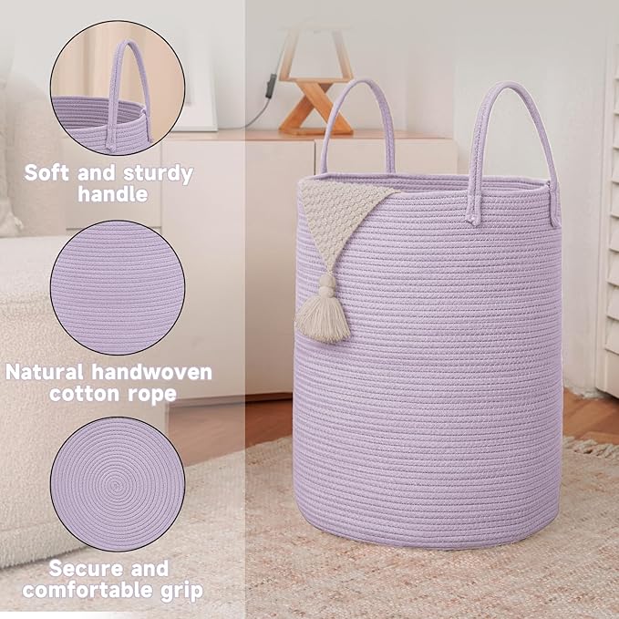Large Woven Laundry Basket Hamper,80L Cotton Rope Storage Bin for Blankets,Toys and Clothes,Decorative Tall Nursery Hamper for Living Room,Baby Nursery,Bathroom and Bedroom,Purple-Ruum Studio Home
