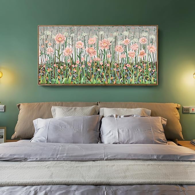 amatop Framed Large Floral Wall Art Modern Botanical Canvas Print Flower Field Wall Decor Abstract Landscape Picture Blooming Flower Forest Pink Green Artwork for Living Room Bedroom Office 48x24 in-Ruum Studio Home