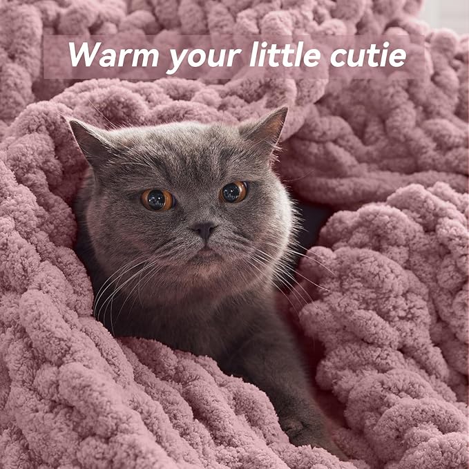 Chunky Knit Throw Blanket, 40''*50'' Knitted Throw Chenille Yarn for Bed Couch, Handmade Muted Pink Crochet Big Thick Blanket, Machine Washable Cute Comfy Blanket for Home Decor-Ruum Studio Home
