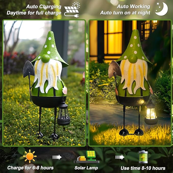 HONGLAND Solar Metal Gnome Yard Art -18 Inch Garden Gnomes Statues Outdoor Decor with Solar Lantern Lights -3D Outdoor Figurines for Patio Yard Lawn Porch Ornament Gardening Gifts-Ruum Studio Home