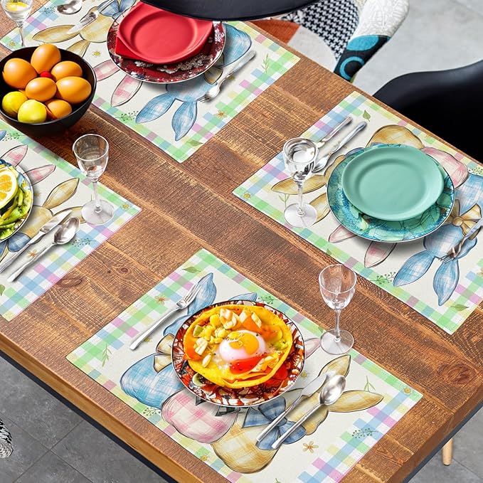Easter Bunny Placemats Set of 4 Green Blue Pink Yellow Buffalo Plaid Rabbits Floral Bow Place Mats 12x18 Inch Happy Easter Table Mats for Spring Party Kitchen Dining Holiday Decor-Ruum Studio Home