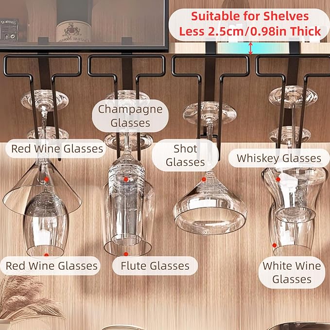 LINFIDITE Wine Glass Holder 2PCS Stemware Rack Hanger Under Cabinet Wine Glass Rack Kitchen Hanging Storage Rack Organizer,Black-Ruum Studio Home