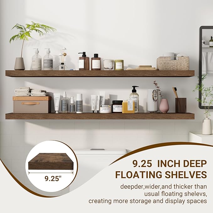 55 Inch Floating Shelves, 55"x9.25"x1.5" Inch Deep Floating Shelves for Wall, Wooden Shelves for Bathroom, Bedroom, Living Room, Brown-Ruum Studio Home